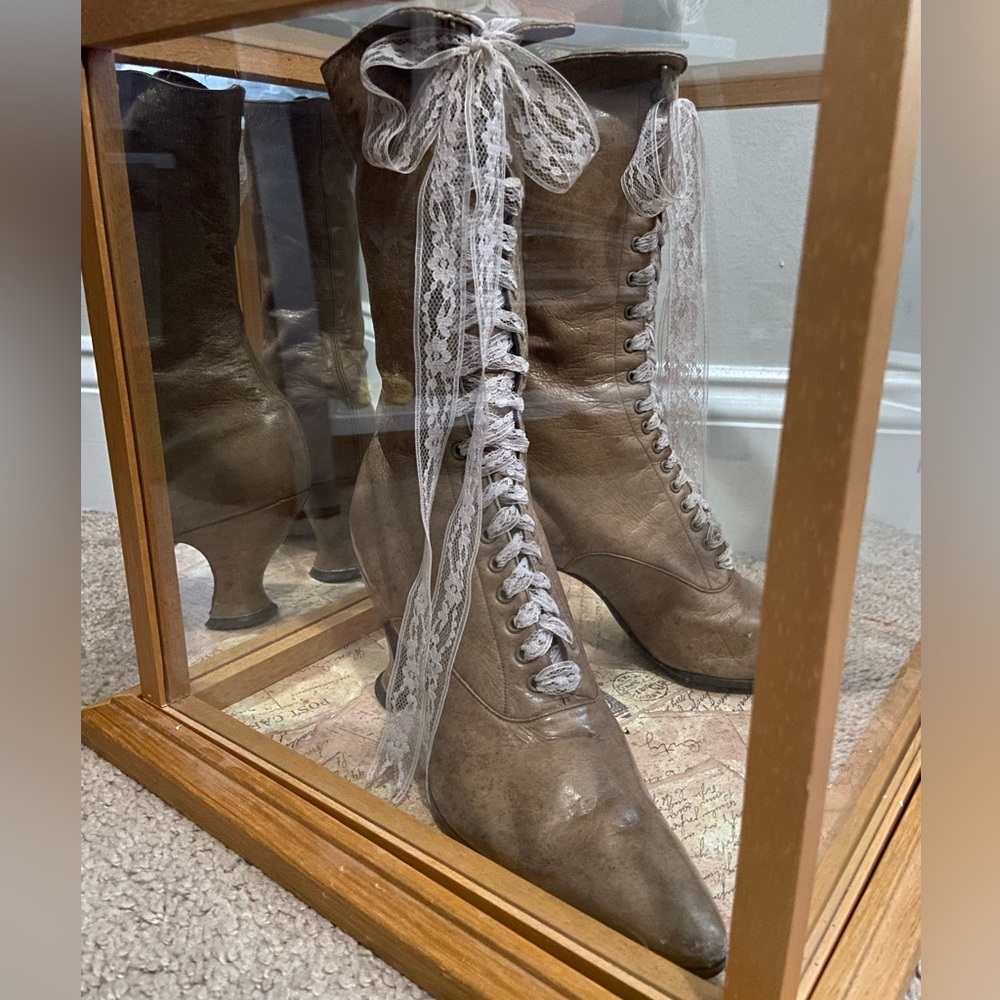 Antique Victorian Boots With Mirrored Shadow Box. Nearly Perfect! View 2